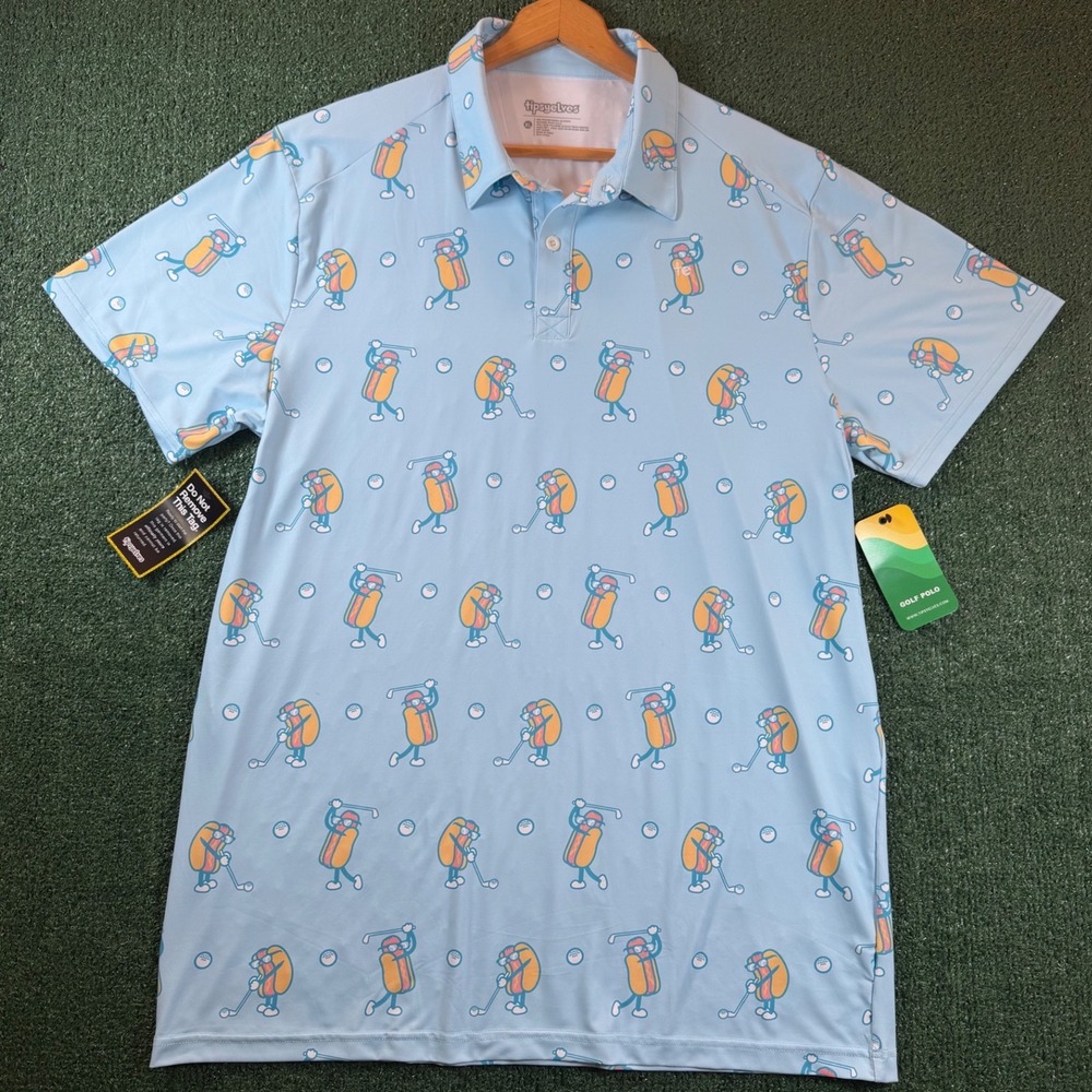 Tipsy Elves Golf Polo Mens XL Blue New Hot Dog Print Performance Short Sleeve